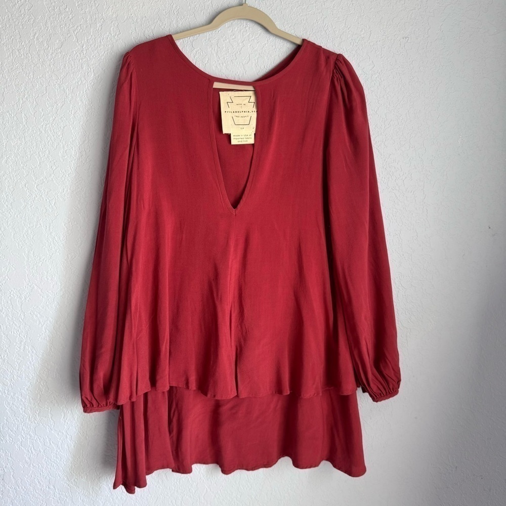 Free People Tiered Long Sleeve Cutout Peep Hole Oversized Mini Dress